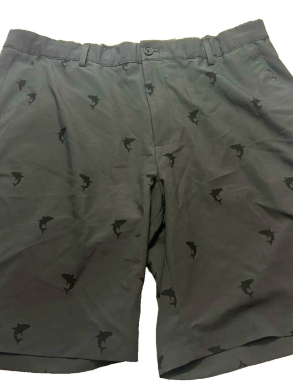 Greg Norman ML75 Microlux Golf Shorts Men's Grey All Over Shark Print Size 38